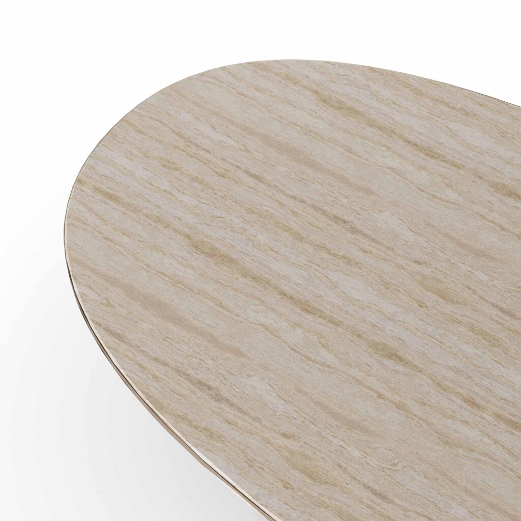 Santi dining table with travertine top, brass frieze, and ribbed walnut matte base. top view