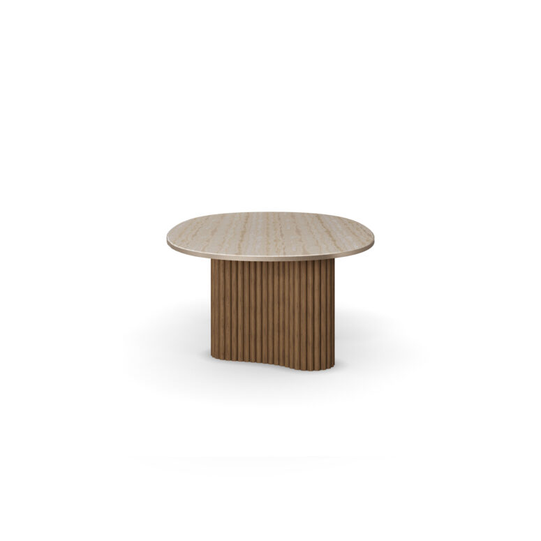 Santi dining table with travertine top, brass frieze, and ribbed walnut matte base. side view