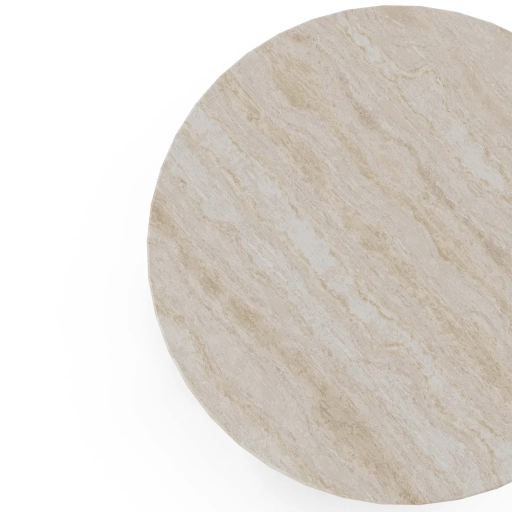 Ella II side table, a minimalist side table in travertine by Nolita Harbour that presents a sculptural stone volume with clean lines and quiet elegance.