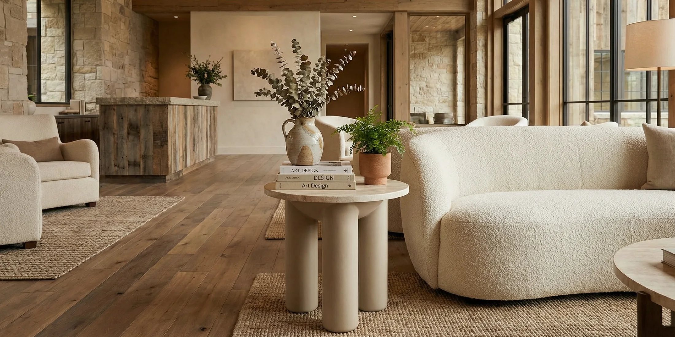 Hotel lobby, with a Nolita Harbour side table present in the waiting area, the sculptural travertine Ella II side table.