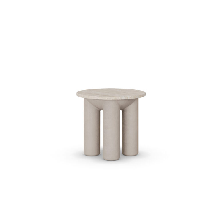 Ella II side table with travertine top and cylindrical plaster legs, designed by Nolita Harbour.