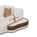 Gino sectional sofa detail, modular bouclé sofa with walnut base and integrated travertine shelf, Nolita Harbour design.