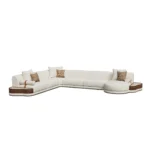 Gino modular sofa, sectional sofa in bouclé with walnut plinth and travertine tray, Nolita Harbour luxury seating.