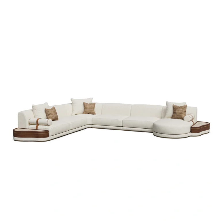 Gino modular sofa, sectional sofa in bouclé with walnut plinth and travertine tray, Nolita Harbour luxury seating.