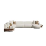 Gino designer sofa, modular bouclé sectional with walnut plinth and integrated shelving, by Nolita Harbour.