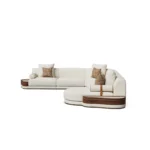 Gino contemporary sofa, bouclé modular seating with walnut base and travertine tray, by Nolita Harbour.