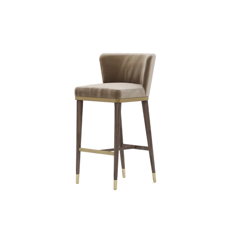Hazel bar chair by Nolita Harbour, velvet upholstered bar stool with wood frame and curved back, refined architectural design.