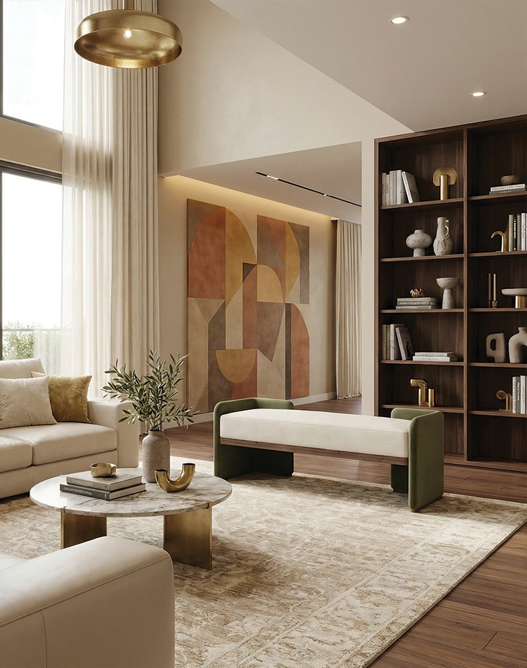 Hinga bench by Nolita Harbour, walnut bench with bouclé seat and velvet sides, sculptural linear form in a luxury contemporary living room.