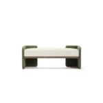 Hinga bench by Nolita Harbour, walnut bench with bouclé seat and velvet sides, refined linear silhouette and sculptural form.