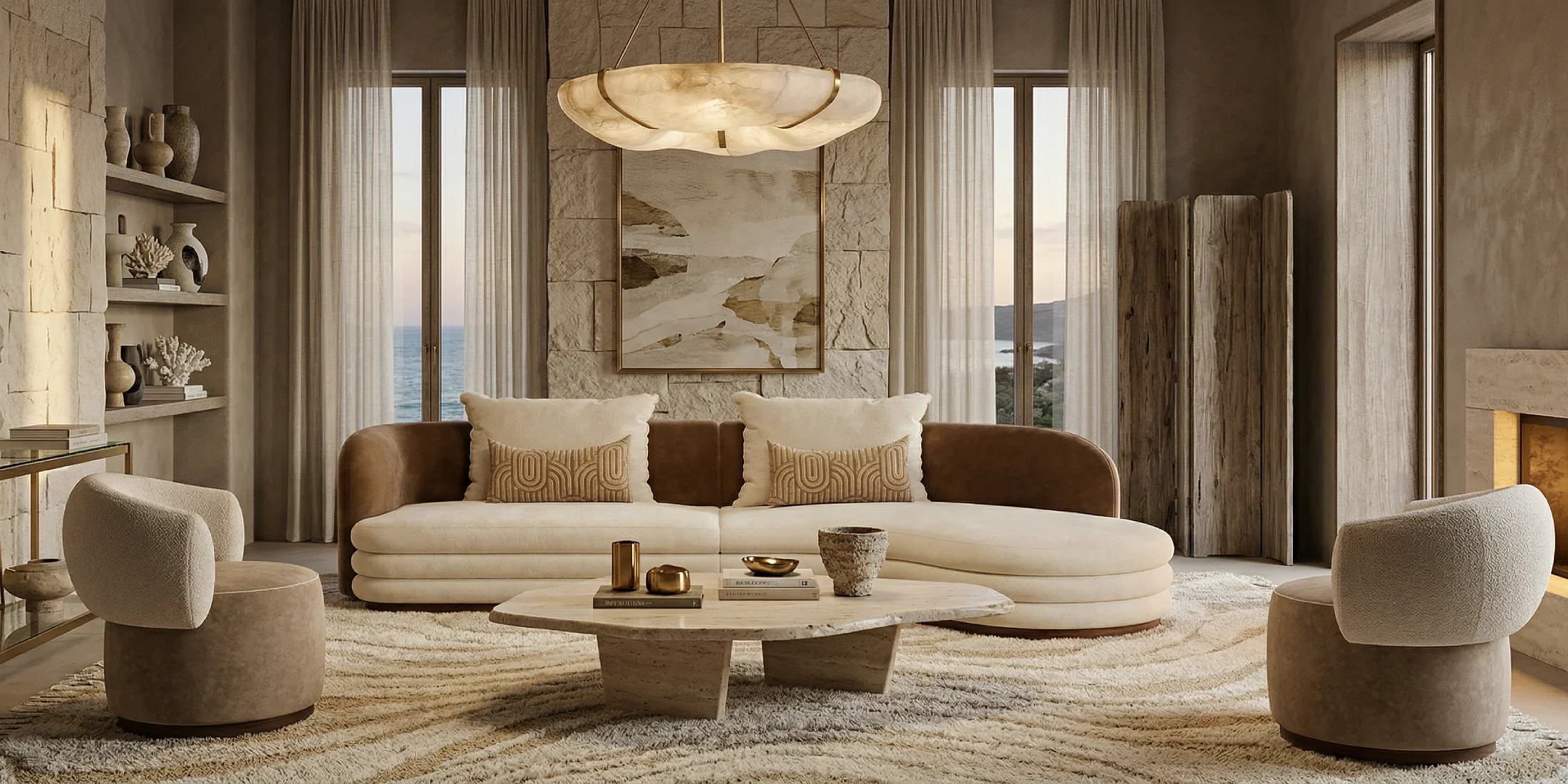 Latte sofa by Nolita Harbour, curved velvet and bouclé sofa with walnut base, sculptural centerpiece in warm, contemporary living room.