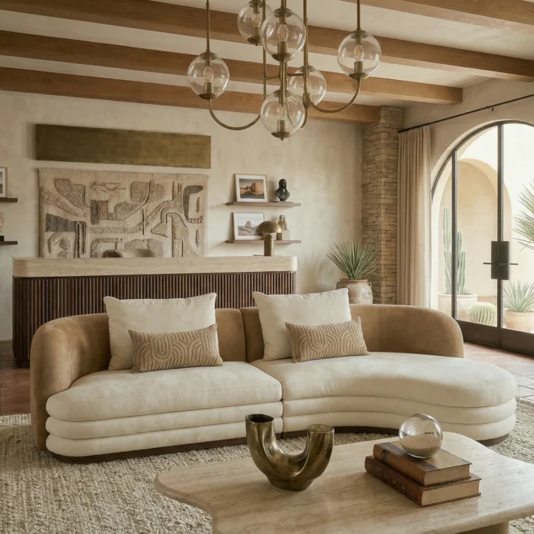 Latte sofa by Nolita Harbour, curved velvet and bouclé sofa with walnut base, sculptural low-profile seating in a refined living interior.