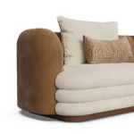 Latte designer sofa detail by Nolita Harbour, sculptural curved sofa in velvet and bouclé with clean lines and inviting comfort.