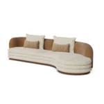 Latte sofa by Nolita Harbour, curved velvet and bouclé sofa with walnut base, low-slung sculptural design for living spaces.