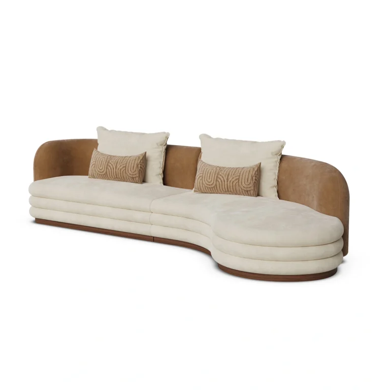 Latte sofa by Nolita Harbour, curved velvet and bouclé sofa with walnut base, low-slung sculptural design for living spaces.