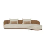 Latte upholstered sofa by Nolita Harbour, velvet seat with bouclé exterior, sculptural curved sofa with grounded wood base.