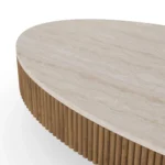 Matti Coffee Table by Nolita Harbour, a luxury coffee table in travertine and walnut wood, desogned with a sculptural form.