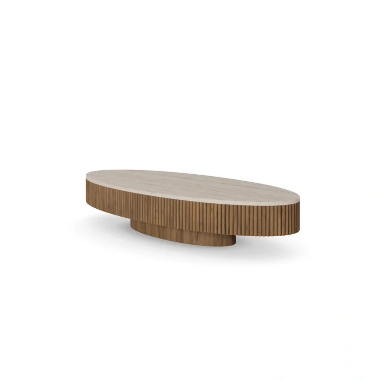 Matti Coffee Table by Nolita Harbour, coffee table in travertine with a ribbed walnut wood base.