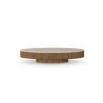 Matti Coffee Table by Nolita Harbour, as a modern coffee table in travertine stone and walnut ribbed base.