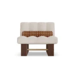 Mika contemporary armchair by Nolita Harbour, bouclé upholstered chair with controlled curves and serene architectural form.