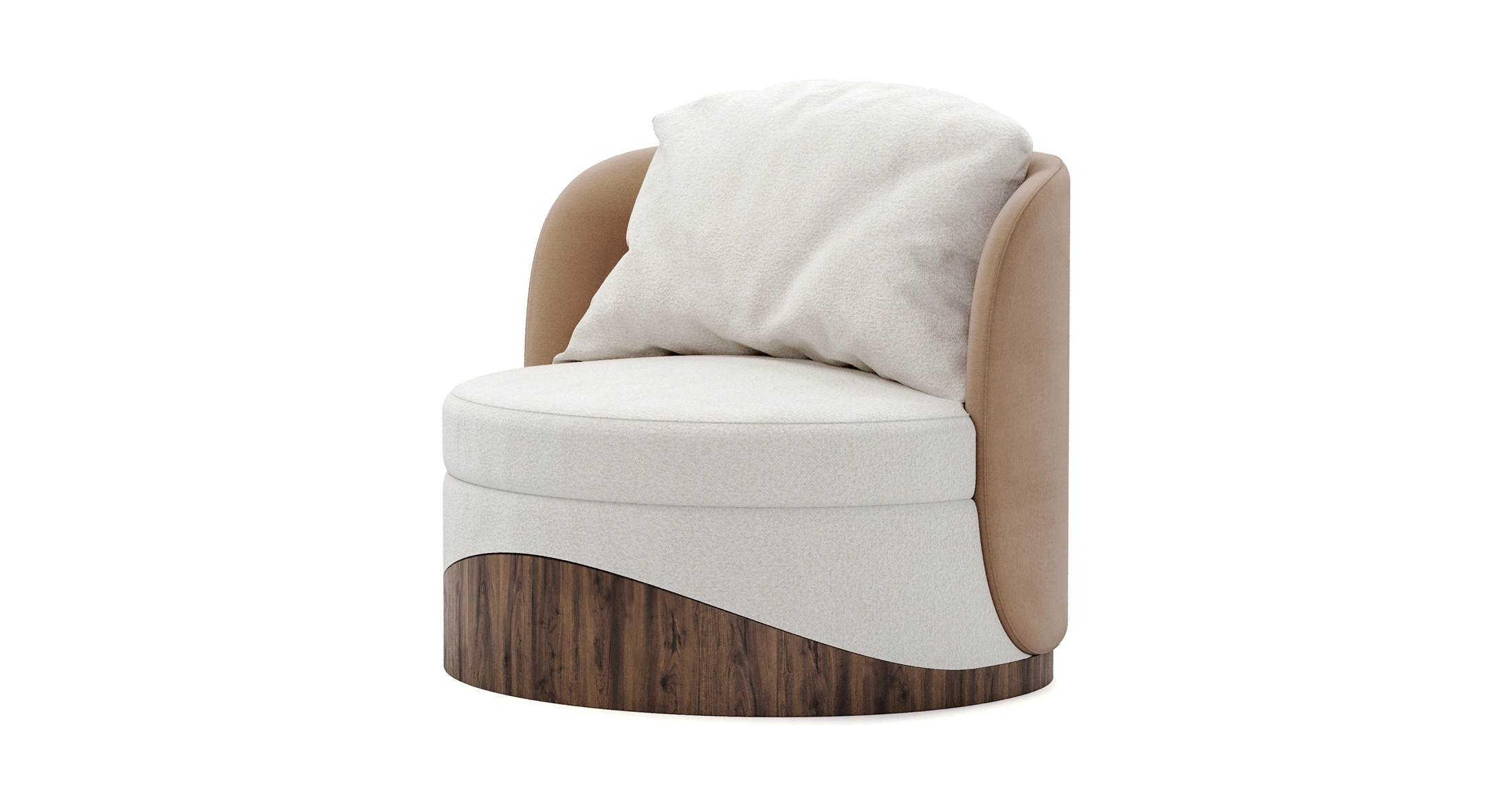 Round luxury armchair with cream fabric, beige accents, and a walnut wood wavy base, featuring a plush cushion, designed by Nolita Harbour.