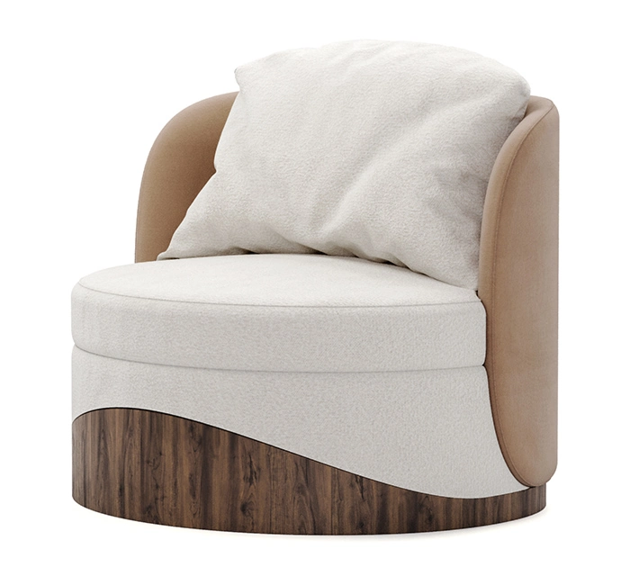 Round luxury armchair with cream fabric, beige accents, and a walnut wood wavy base, featuring a plush cushion, designed by Nolita Harbour.