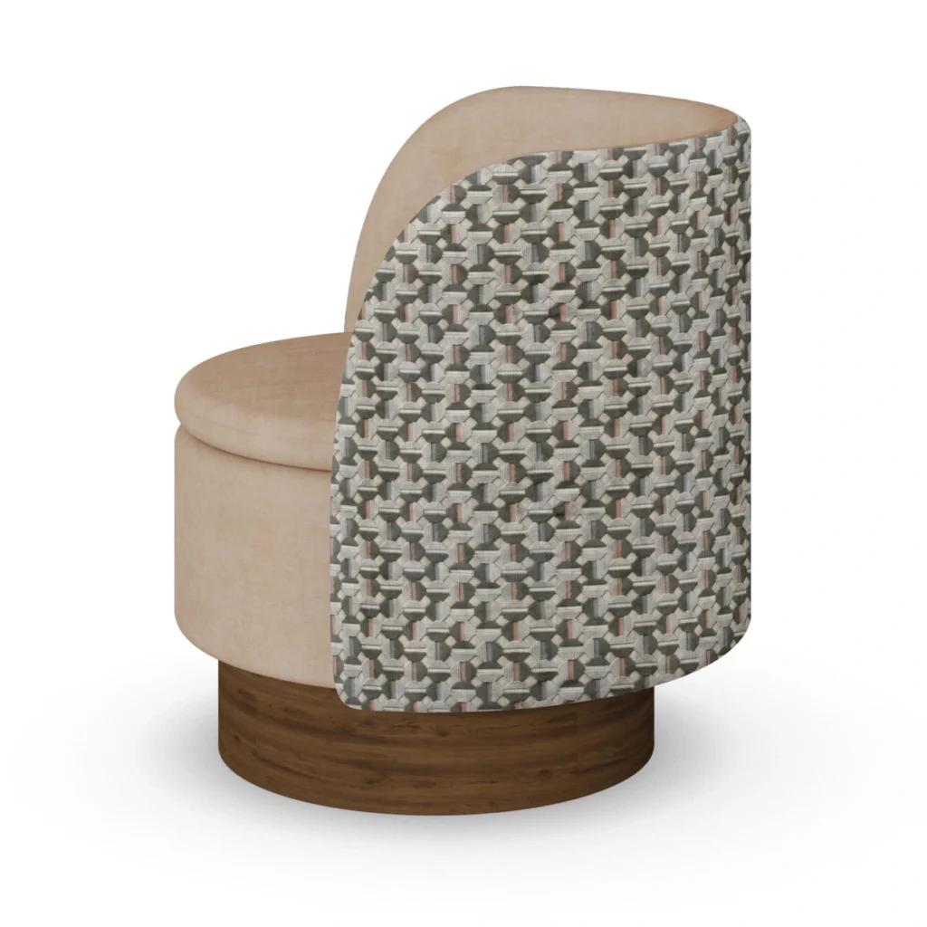 Beige luxury armchair with patterned fabric back and sides, and a walnut base, designed by Nolita Harbour.