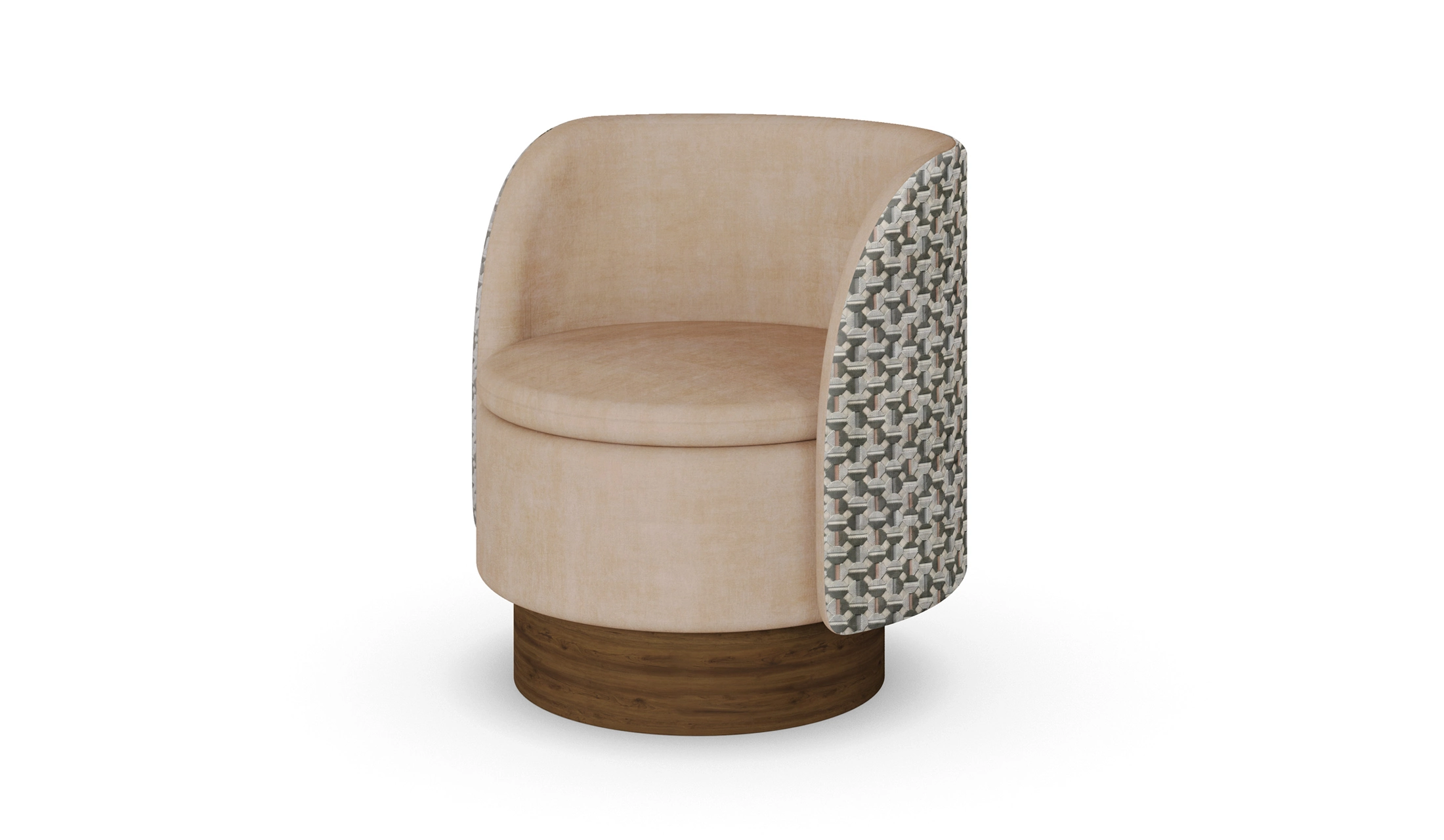 Beige luxury armchair with patterned fabric back and sides, and a walnut base, designed by Nolita Harbour. 45 degree