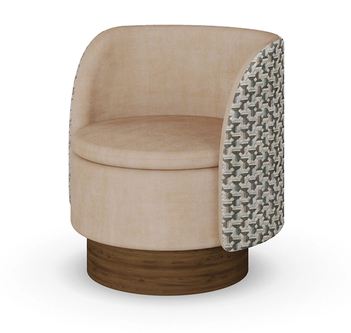 Beige luxury armchair with patterned fabric back and sides, and a walnut base, designed by Nolita Harbour. 45 degree