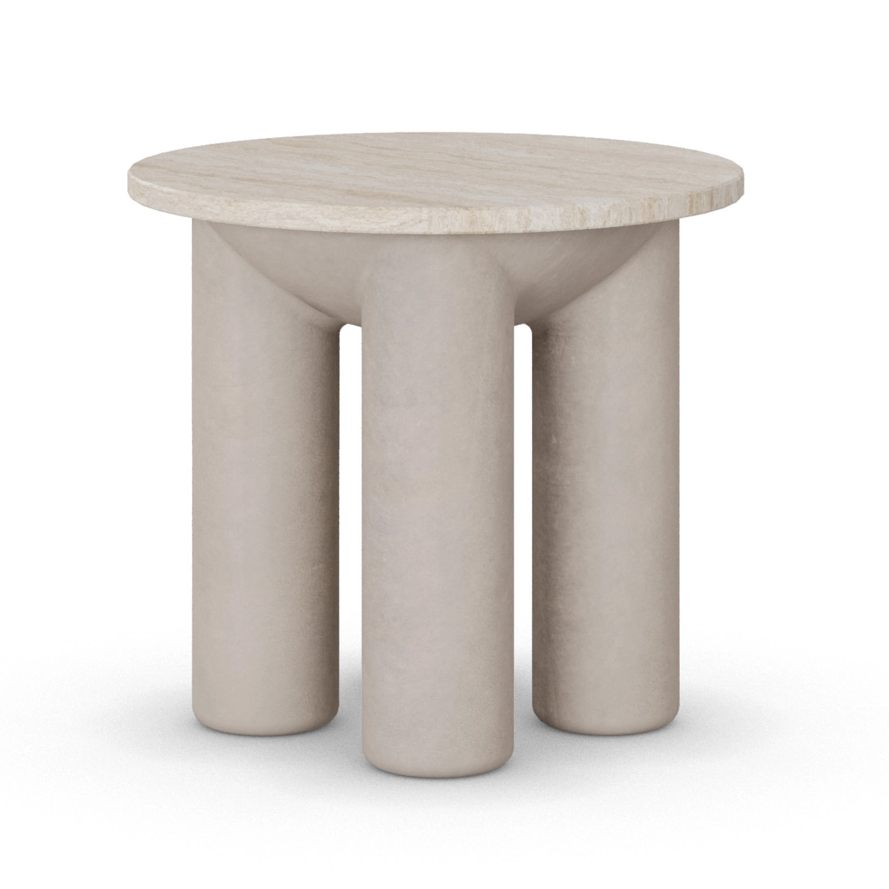 Ella II side table with travertine top and cylindrical plaster legs, designed by Nolita Harbour.