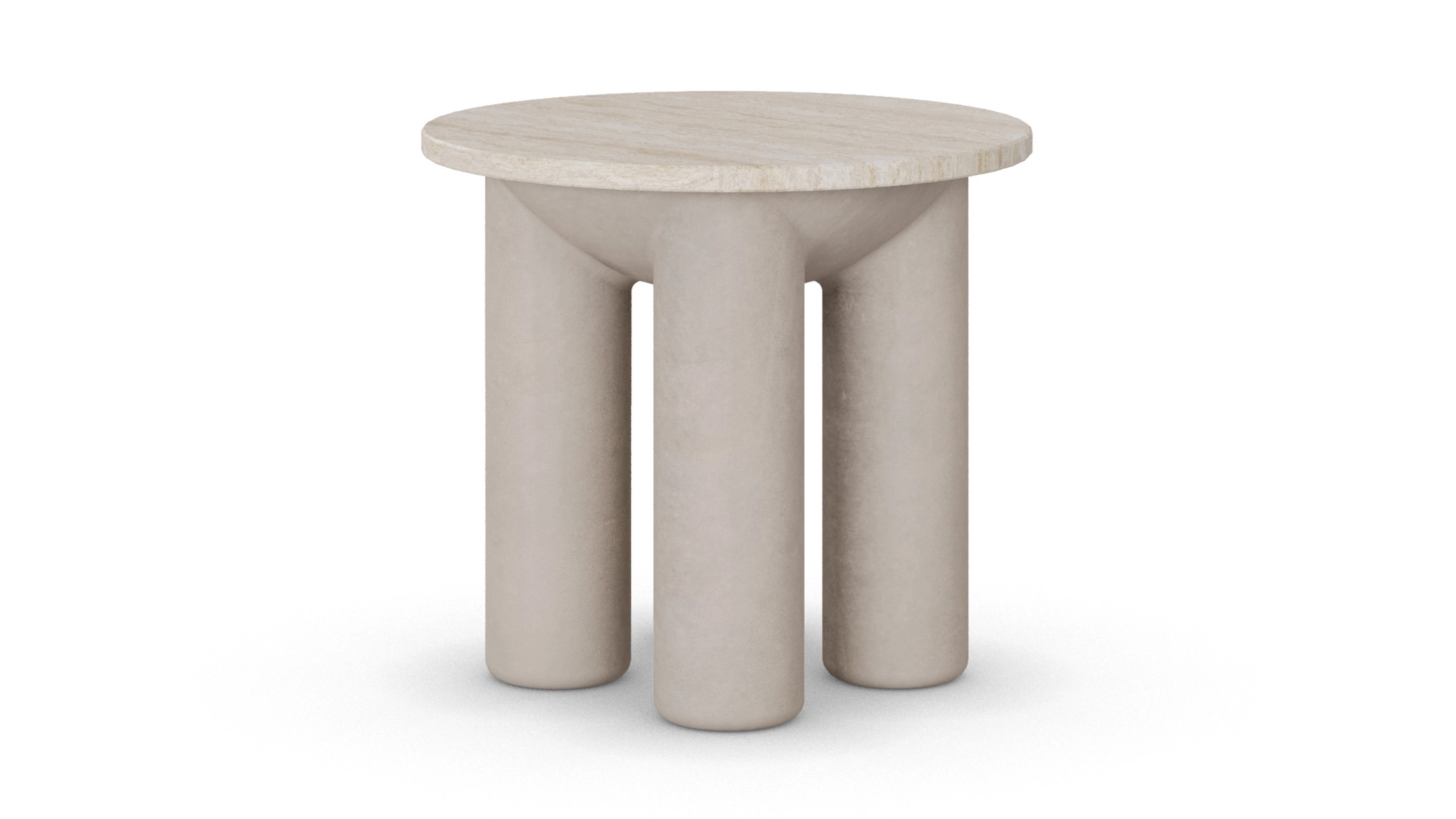 Ella II side table with travertine top and cylindrical plaster legs, designed by Nolita Harbour.