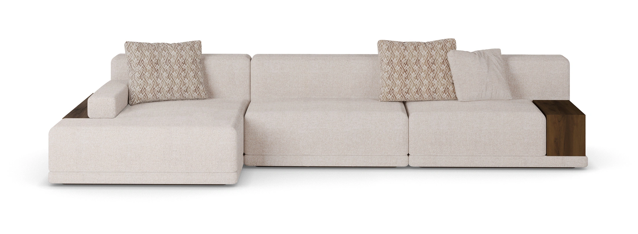 Front view of Gino Modular Sofa showcasing textured fabric and walnut shelving