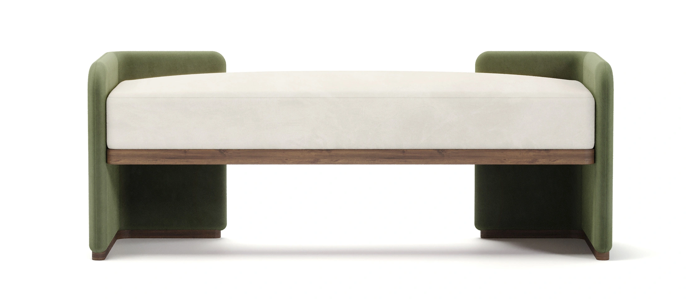 Luxury bench with ivory upholstered seat, green fabric ends, and walnut base, designed by Nolita Harbour.