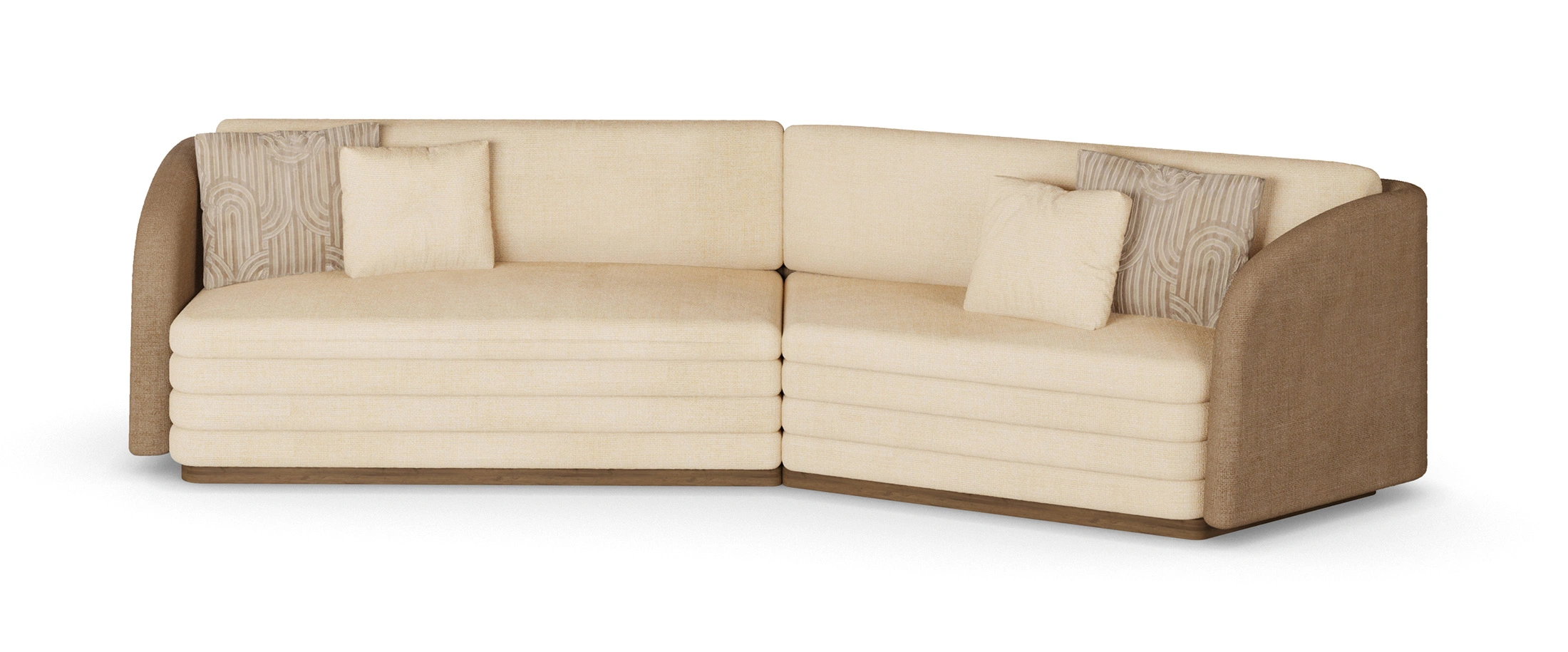 Luxury sofa with cream-colored upholstery, beige fabric accents, and patterned cushions, featuring a low-profile design by Nolita Harbour. Front View