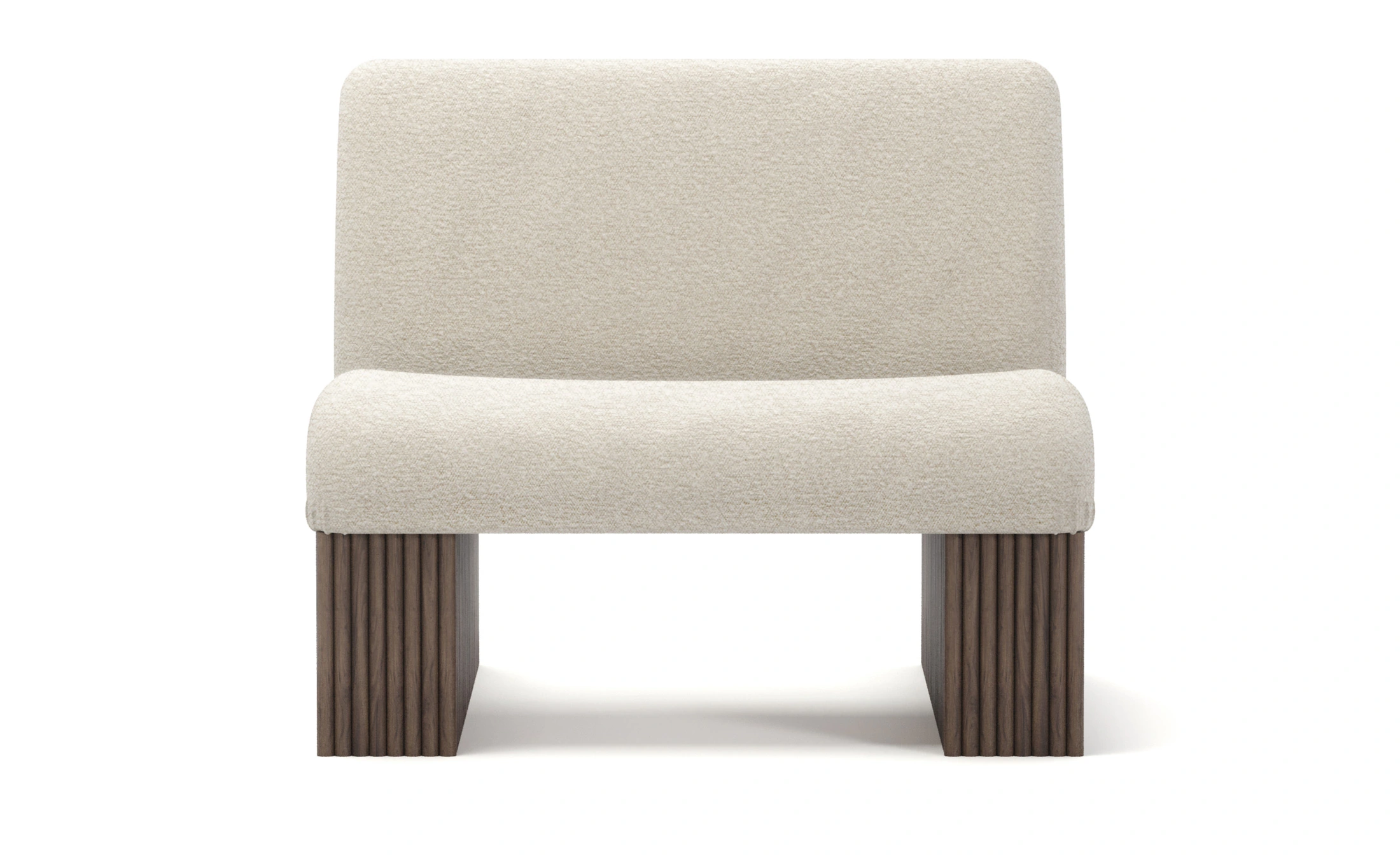 Modern armchair with cream upholstery, featuring ribbed walnut base and plush seating, designed by Nolita Harbour. detail view