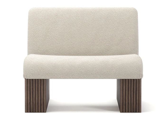 Modern armchair with cream upholstery, featuring ribbed walnut base and plush seating, designed by Nolita Harbour. detail view