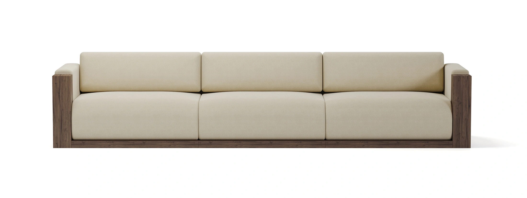 Modular sofa with cream upholstery and walnut panels, featuring a customizable configuration, designed by Nolita Harbour.