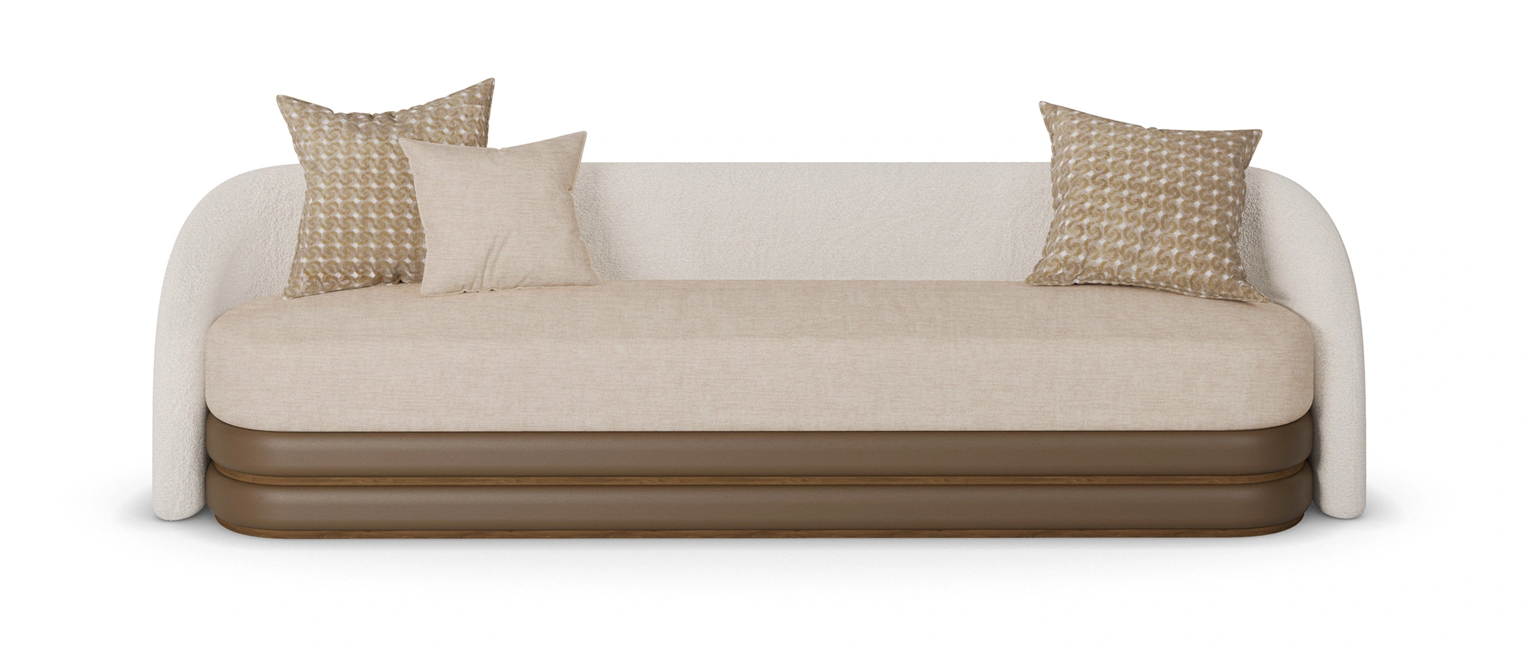 Beige and cream luxury sofa with a brown base and patterned cushions, designed by Nolita Harbour. front view