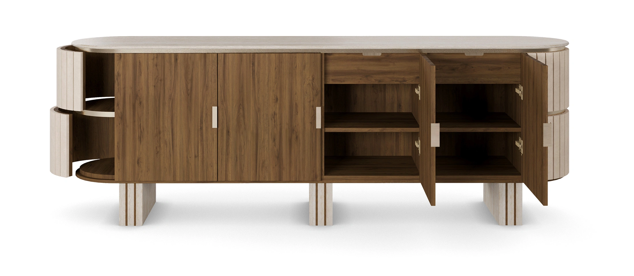 Luxury sideboard with travertine top, walnut wood, rounded lines, velvet-covered sides, and three legs, designed by Nolita Harbour. front view