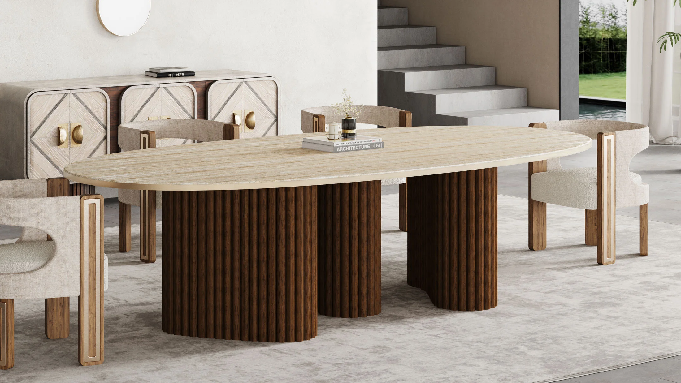 Santi dining table with travertine top, brass frieze, and ribbed walnut matte base.