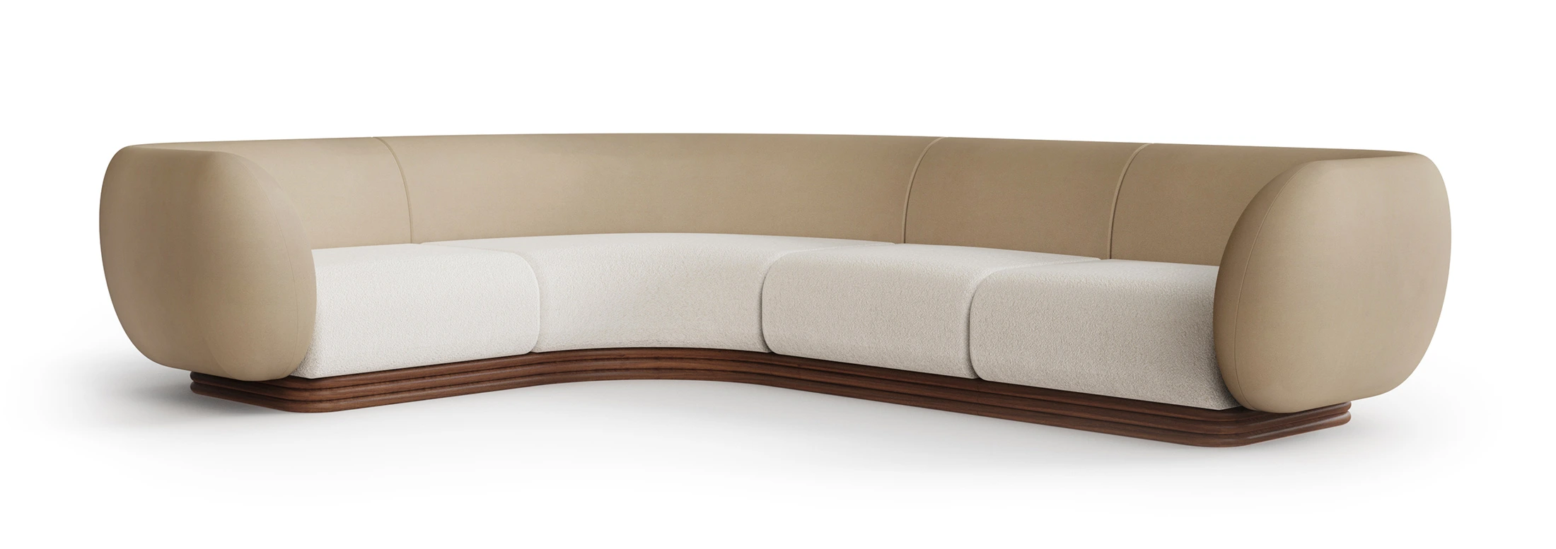 Curved sectional sofa with taupe leather upholstery, cream fabric seat cushions, and a walnut base, designed by Nolita Harbour. Front view