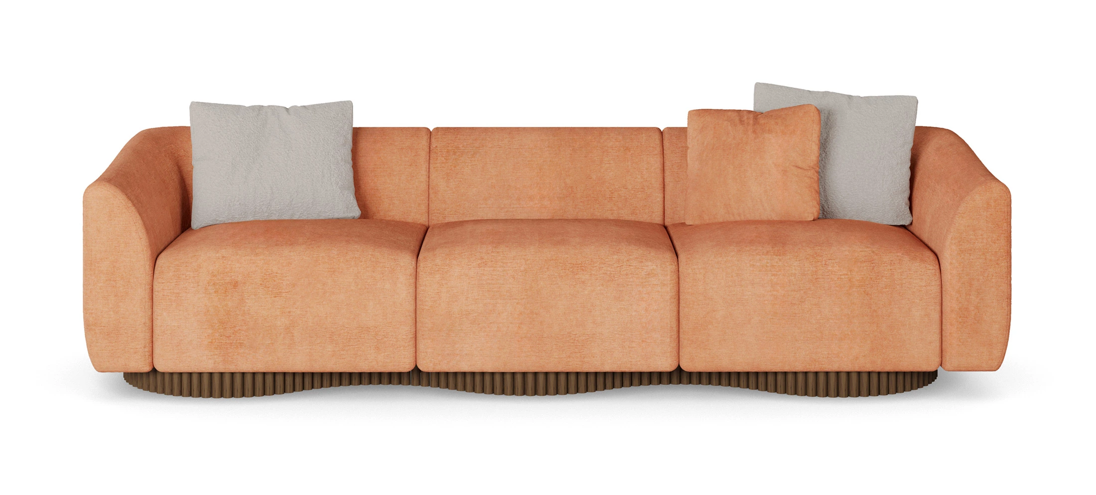 Orange luxury sofa with wave-inspired design, featuring plush upholstery, ribbed walnut matte base, and neutral-colored cushions, by Nolita Harbour. front view