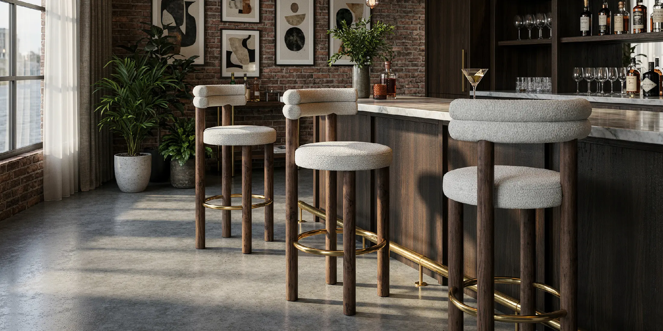 Odette bar chair by Nolita Harbour, bouclé bar stool with walnut legs and brass footrest, elegant seating lined along a luxury bar.