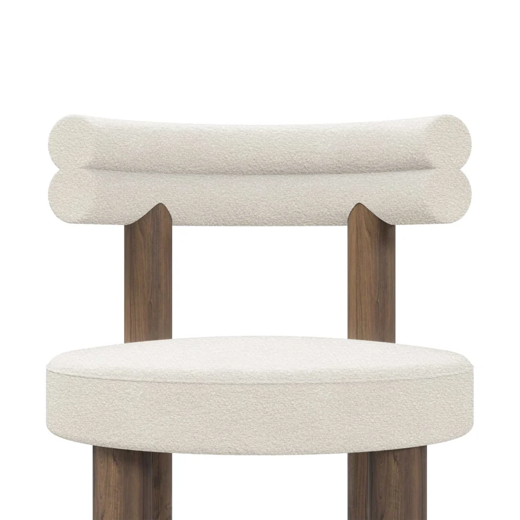 Odette bouclé bar chair details by Nolita Harbour, luxury upholstered stool with solid walnut frame and refined brass detail.