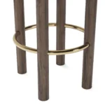Odette luxury bar stool details by Nolita Harbour, bouclé chair with sculptural back, walnut frame, and polished brass accents.