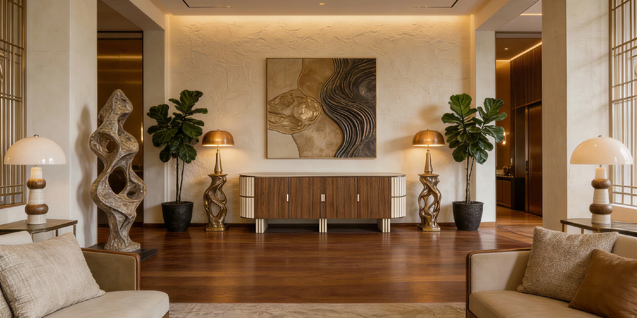 A Nolita Harbour designed room, with Claus table lamps on the sides, and the luxury walnut and travertine Peter sideboard in the center.