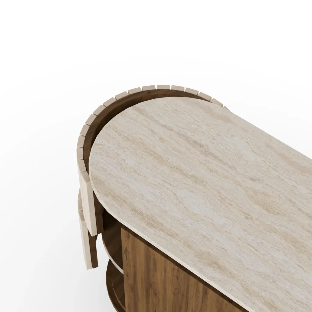 Peter Sideboard, a sculptural sideboard by Nolita Harbour in walnut, travertine, and velvet, combining curved forms with rich materials