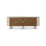 Peter Sideboard, an elegant sideboard by Nolita Harbour in walnut, travertine, and velvet, featuring a curved silhouette and refined texture