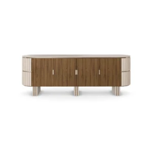 Peter Sideboard, an elegant sideboard by Nolita Harbour in walnut, travertine, and velvet, featuring a curved silhouette and refined texture