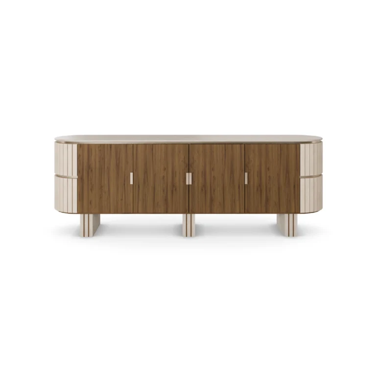 Peter Sideboard, an elegant sideboard by Nolita Harbour in walnut, travertine, and velvet, featuring a curved silhouette and refined texture