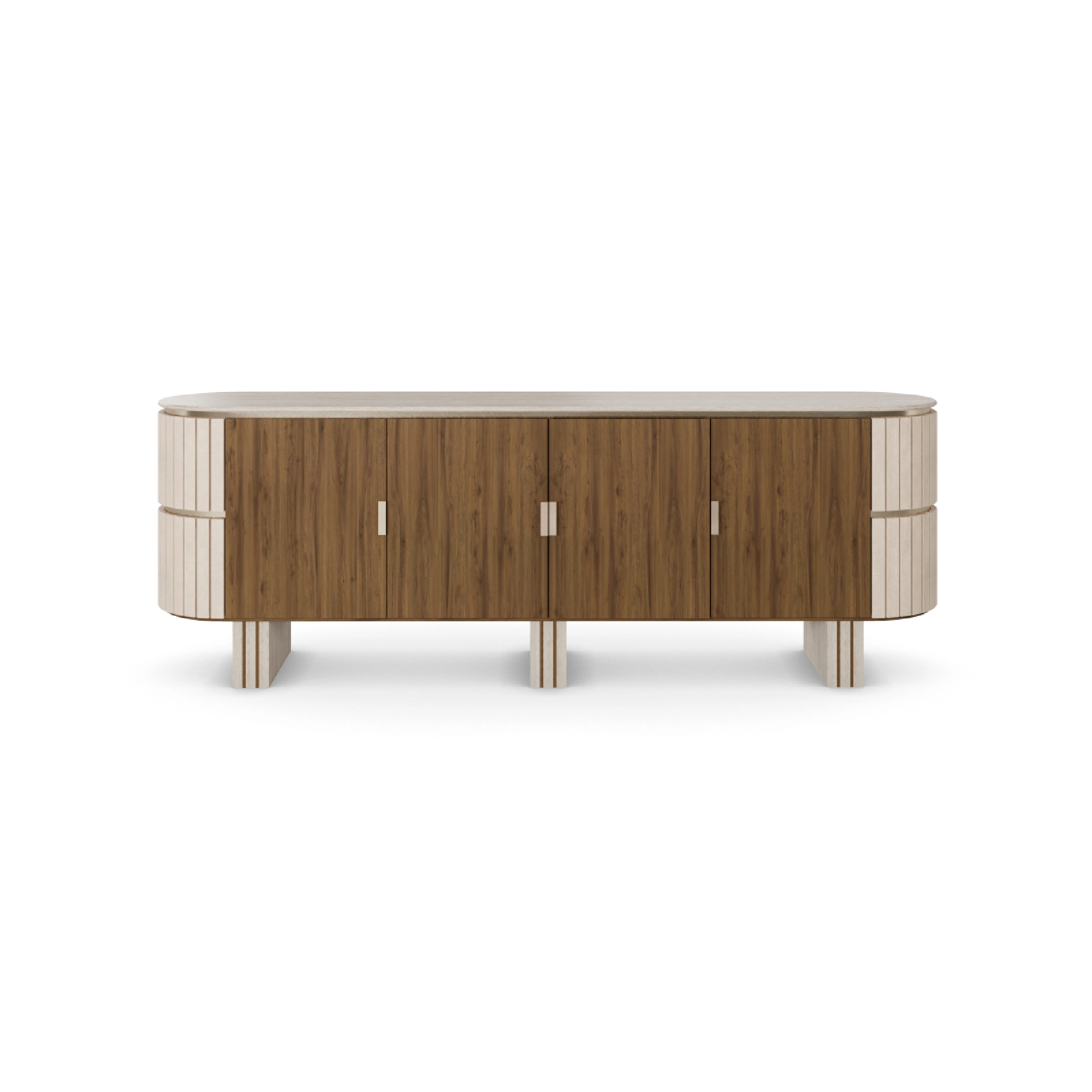 peter-sideboard-front-view-1-nolita-harbour Peter Sideboard, an elegant sideboard by Nolita Harbour in walnut, travertine, and velvet, featuring a curved silhouette and refined texture